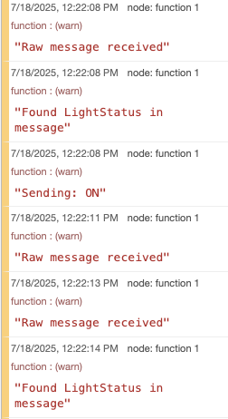Node-RED debug rail: each message received, LightStatus found, and the ON sent back