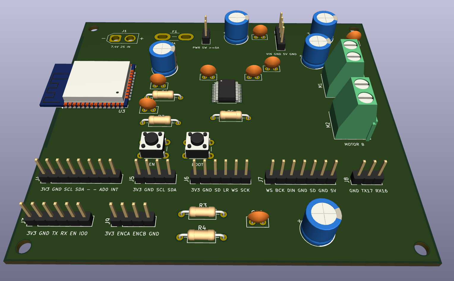 3D render of the fabricated board: the ESP32-WROOM-32 module, electrolytic capacitors, the TB6612FNG driver, green screw terminals for both motors, and the labelled header rows